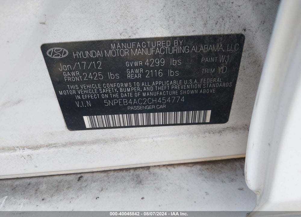 2012 HYUNDAI SONATA GLS VIN: 5NPEB4AC2CH454774