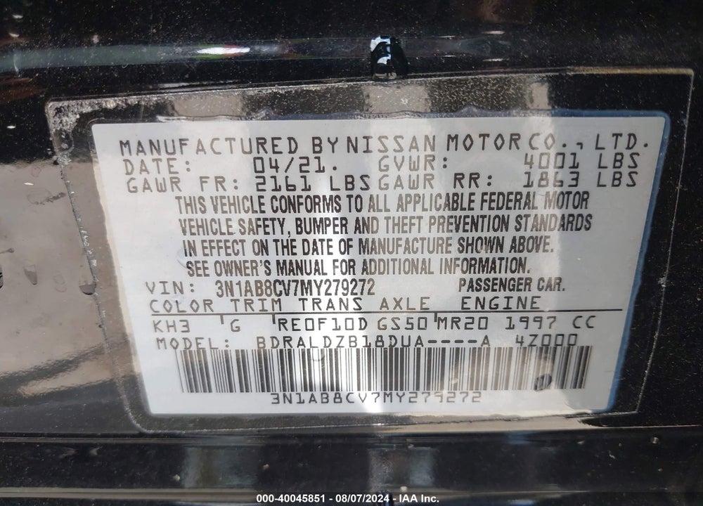2021 NISSAN SENTRA SV XTRONIC CVT VIN: 3N1AB8CV7MY279272