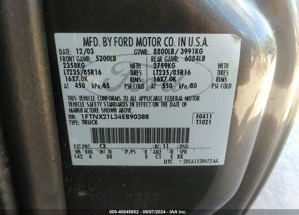 2004 FORD F-250 LARIAT/XL/XLT VIN: 1FTNX21L34EB90388