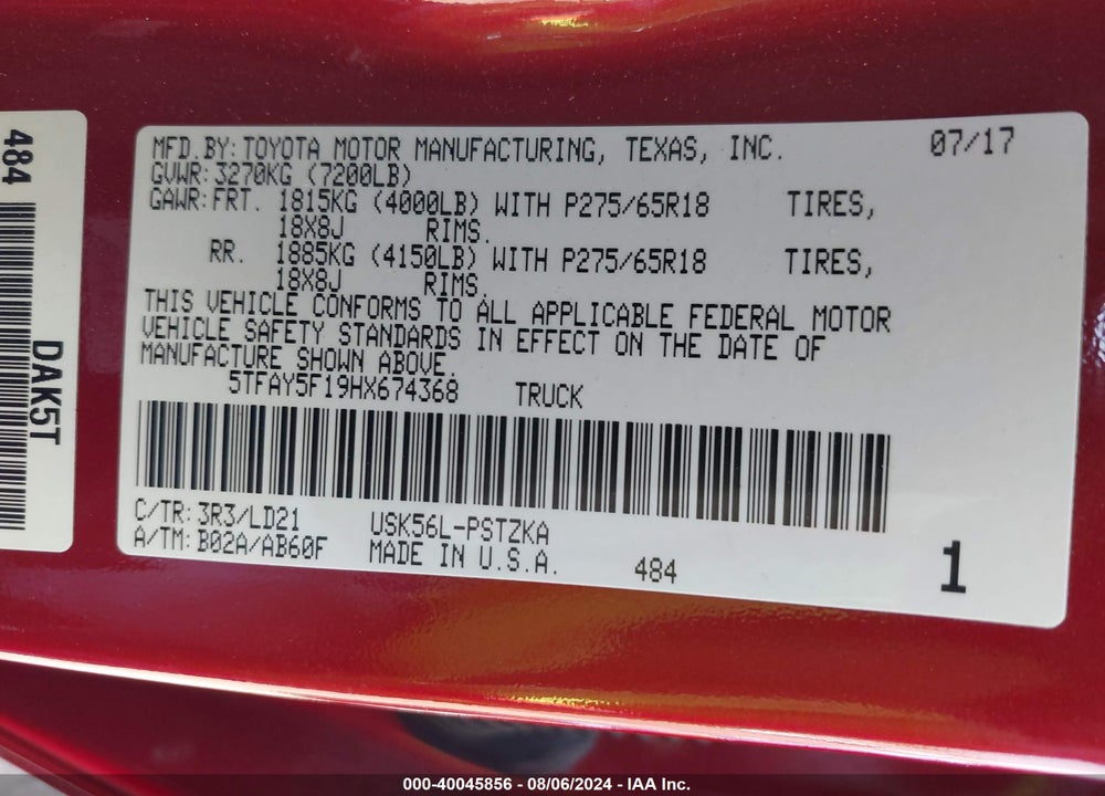 2017 TOYOTA TUNDRA 1794 5.7L V8 VIN: 5TFAY5F19HX674368