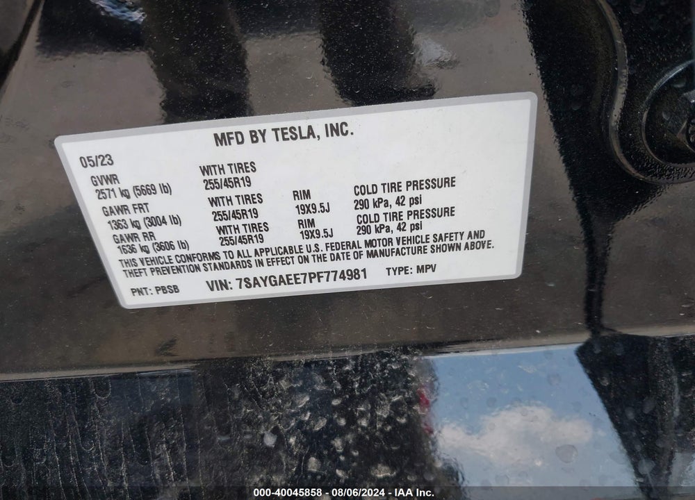 2023 TESLA MODEL Y AWD/LONG RANGE DUAL MOTOR ALL-WHEEL DRIVE VIN: 7SAYGAEE7PF774981