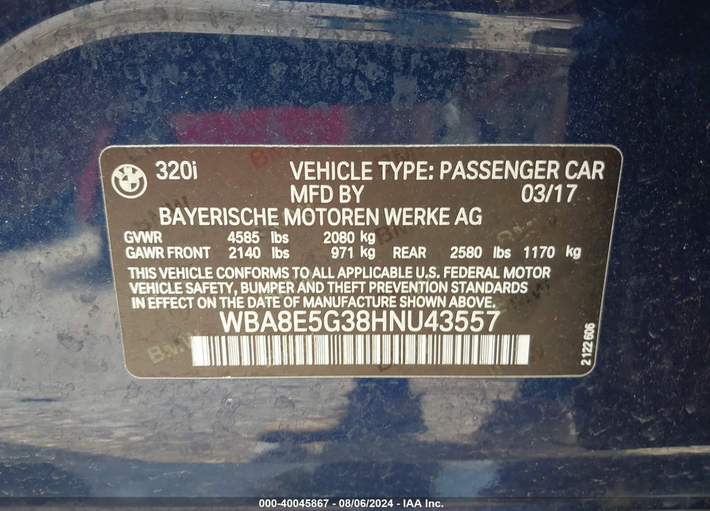 2017 BMW 320I XDRIVE VIN: WBA8E5G38HNU43557