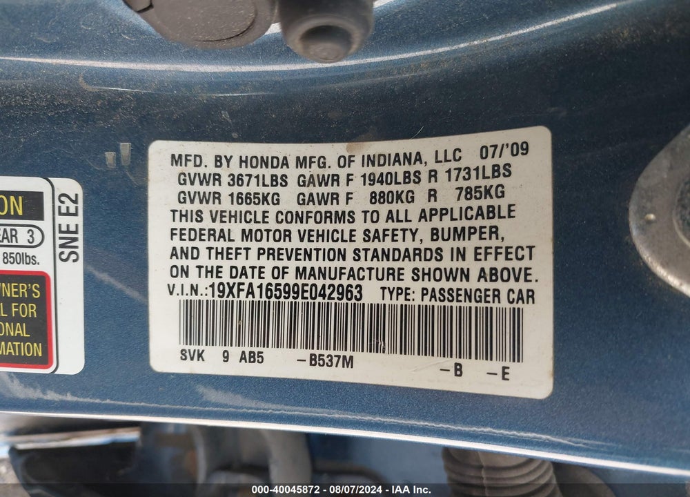 2009 HONDA CIVIC LX VIN: 19XFA16599E042963