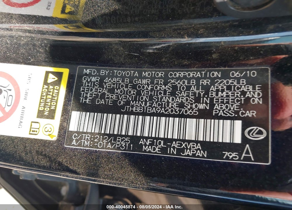 2010 LEXUS HS 250H VIN: JTHBB1BA9A2037065