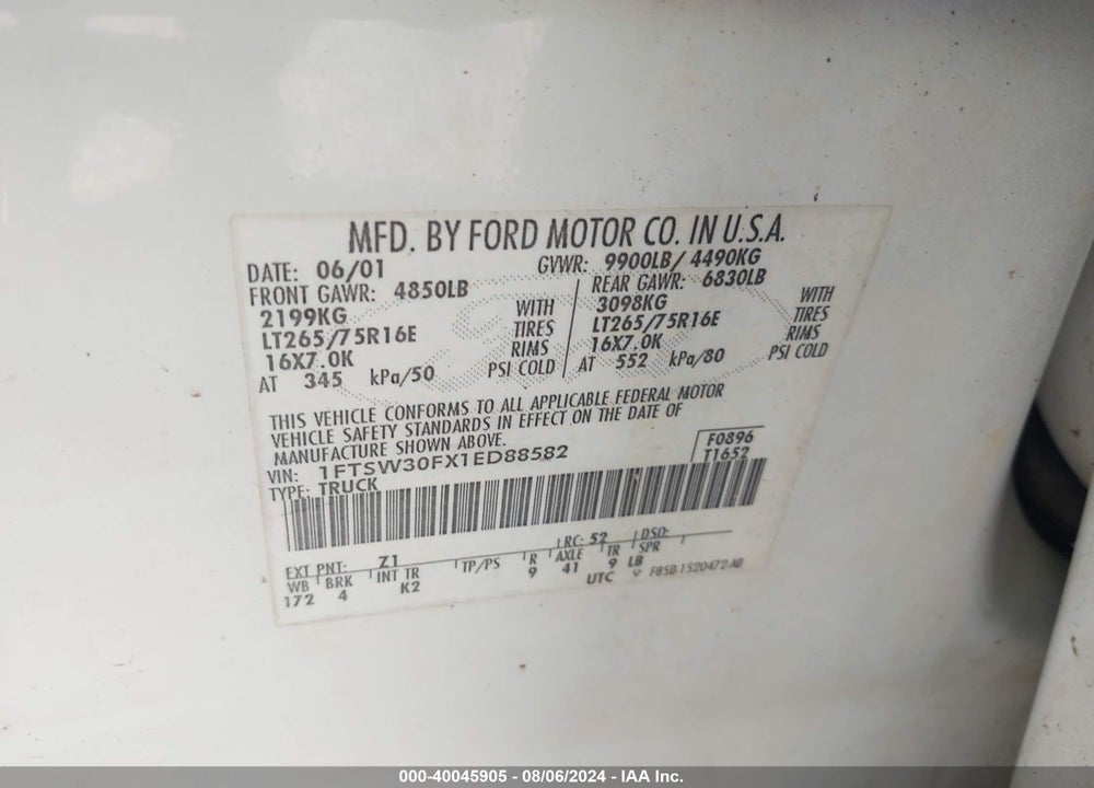 2001 FORD F-350 LARIAT/XL/XLT VIN: 1FTSW30FX1ED88582