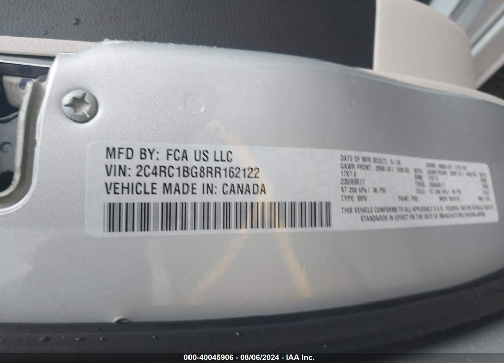 2024 CHRYSLER PACIFICA TOURING L VIN: 2C4RC1BG8RR162122