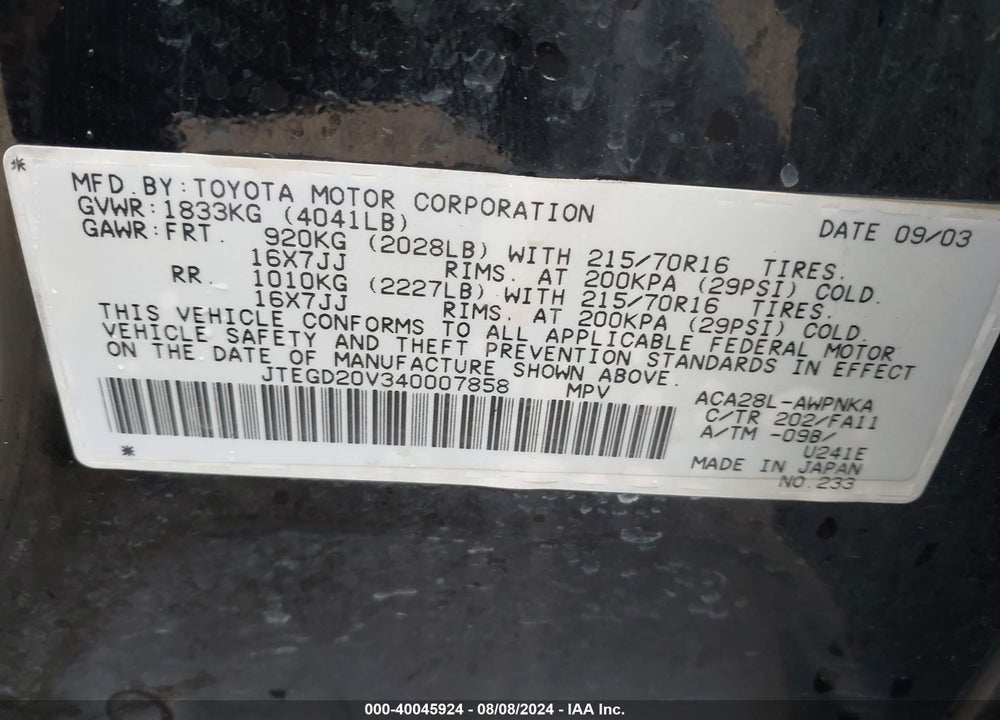2004 TOYOTA RAV4 VIN: JTEGD20V340007858