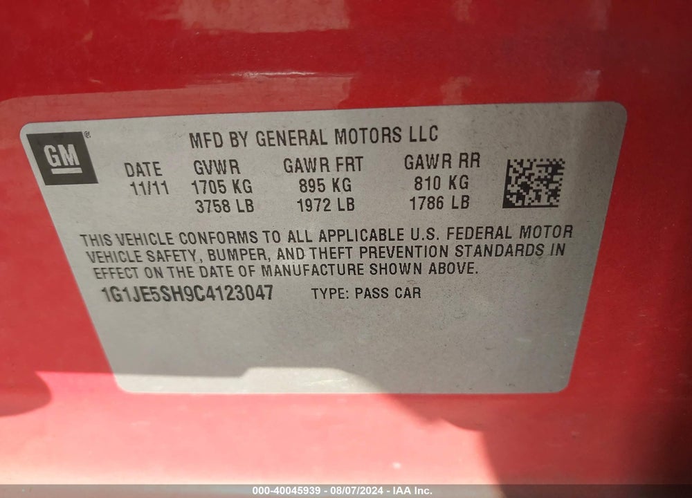 2012 CHEVROLET SONIC VIN: 1G1JE5SH9C4123047