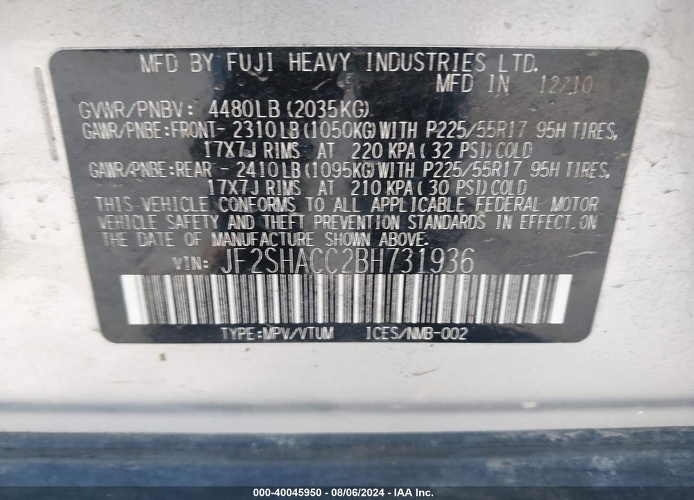 2011 SUBARU FORESTER 2.5X PREMIUM VIN: JF2SHACC2BH731936
