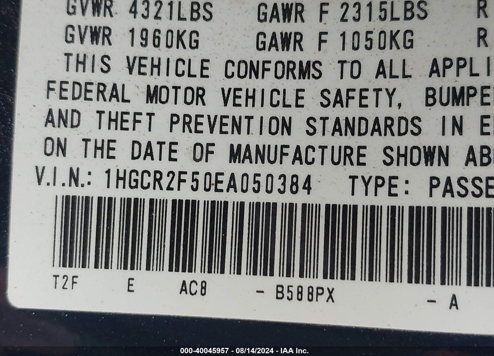 2014 HONDA ACCORD SPORT VIN: 1HGCR2F50EA050384