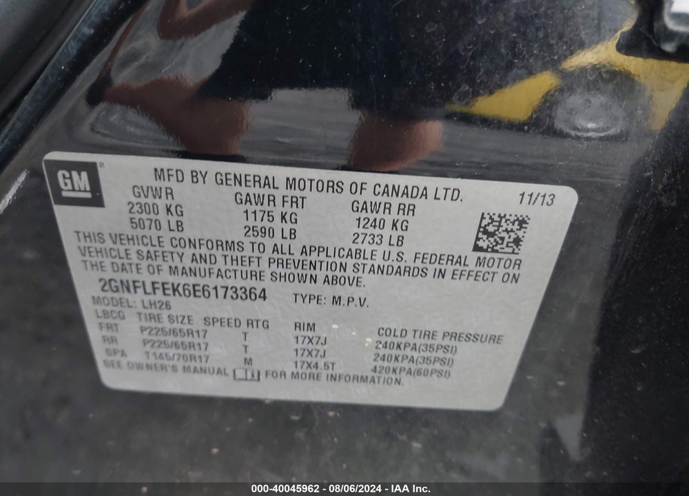 2014 CHEVROLET EQUINOX 1LT VIN: 2GNFLFEK6E6173364