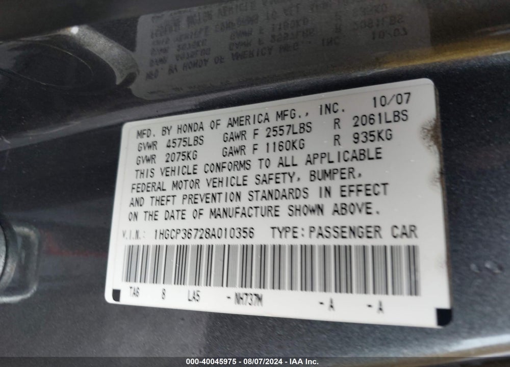 2008 HONDA ACCORD 3.5 EX VIN: 1HGCP36728A010356