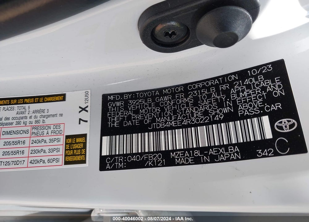 2024 TOYOTA COROLLA LE VIN: JTDB4MEE4R3022149