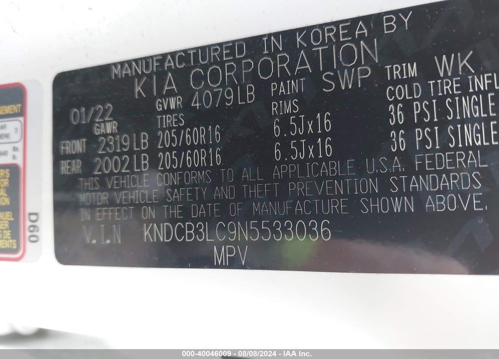 2022 KIA NIRO LX VIN: KNDCB3LC9N5533036