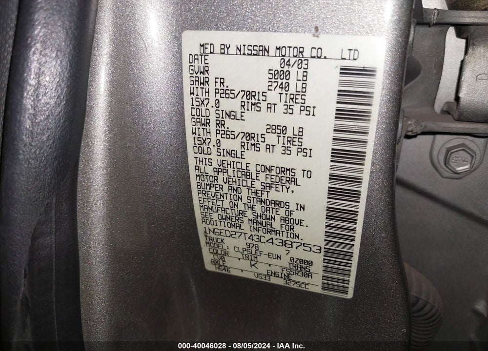 2003 NISSAN FRONTIER XE-V6 VIN: 1N6ED27T43C438753