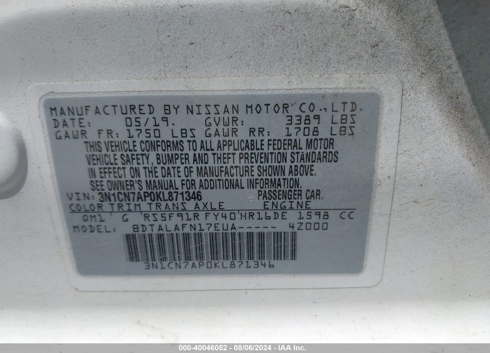 2019 NISSAN VERSA 1.6 S+ VIN: 3N1CN7AP0KL871346