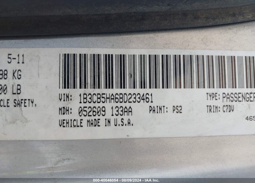 2011 DODGE CALIBER HEAT VIN: 1B3CB5HA6BD233461