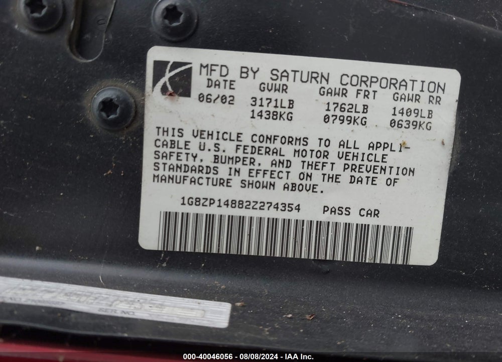 2002 SATURN S-SERIES SC1 VIN: 1G8ZP14882Z274354