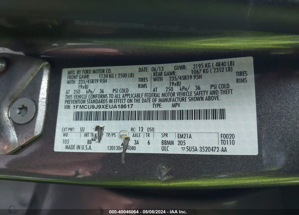 2014 FORD ESCAPE VIN: 1FMCU9J9XEUA18617