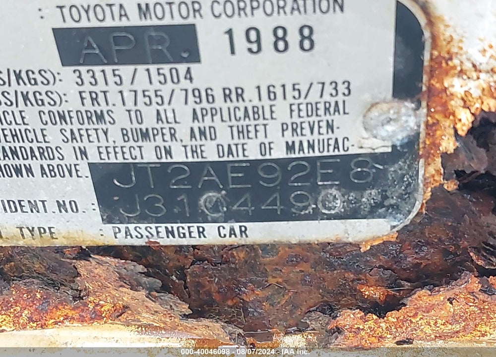 1988 TOYOTA COROLLA DLX VIN: JT2AE92E8J3104490