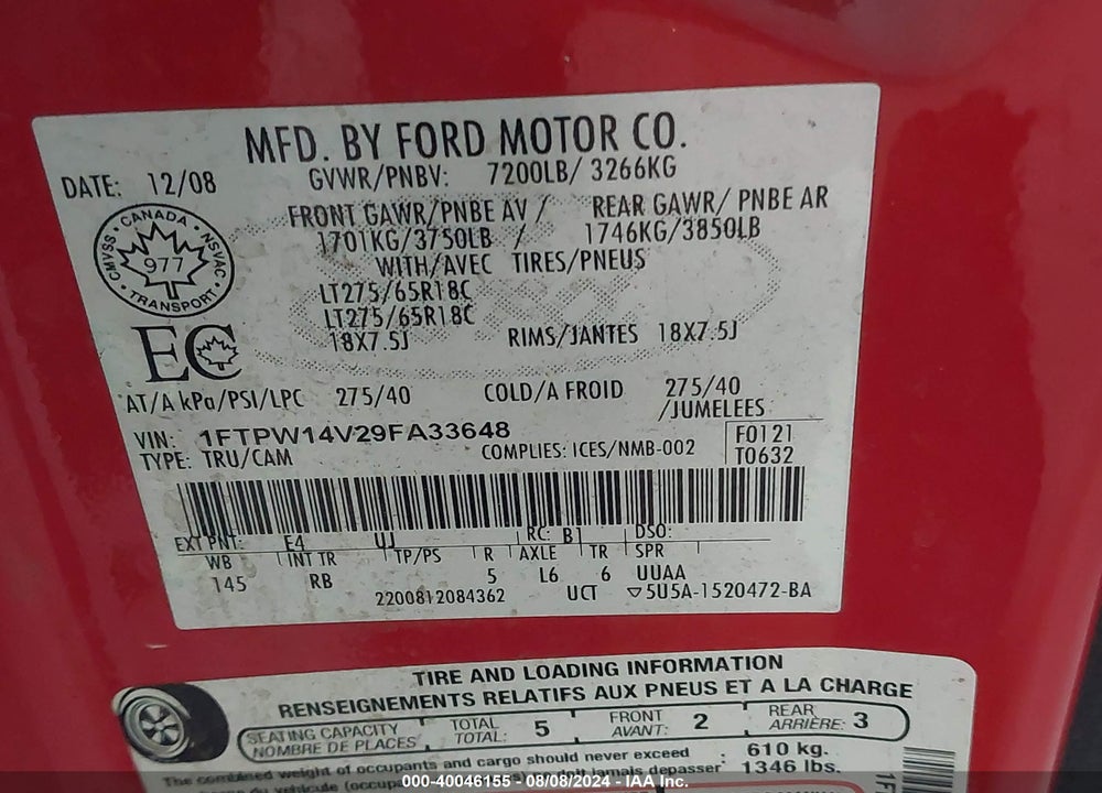 2009 FORD F-150 VIN: 1FTPW14V29FA33648