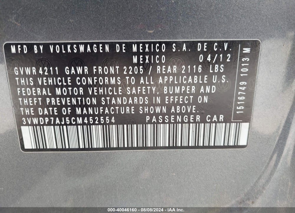 2012 VOLKSWAGEN JETTA 2.5L SE VIN: 3VWDP7AJ5CM452554