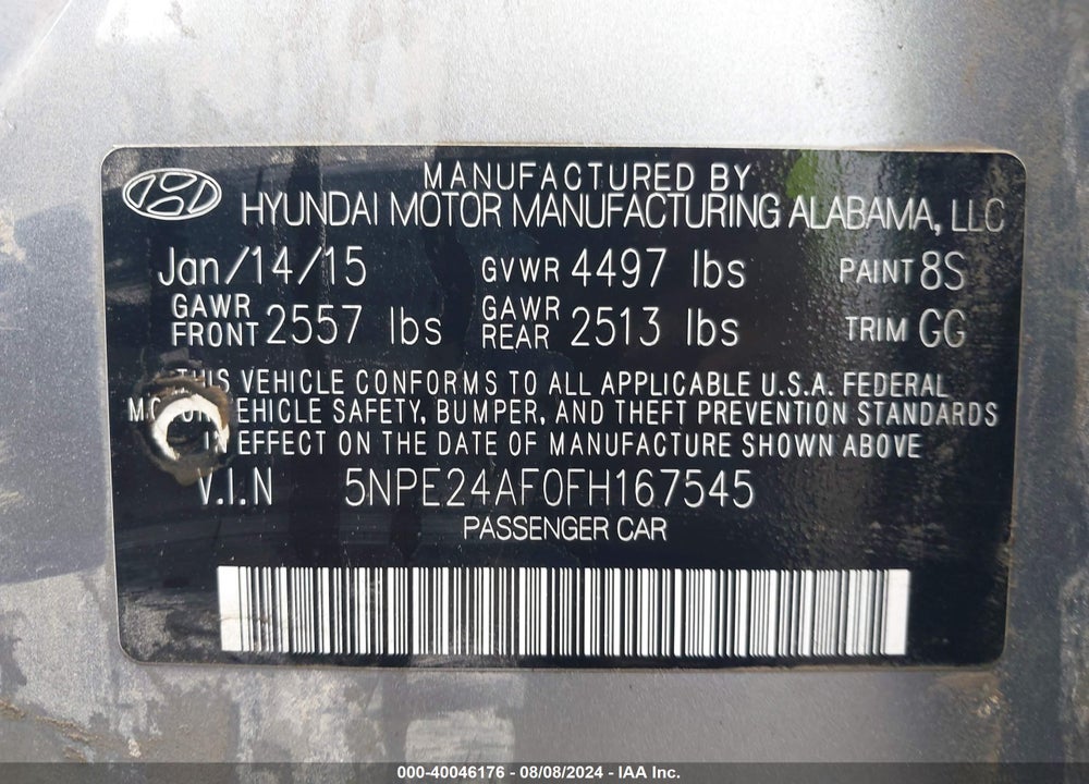 2015 HYUNDAI SONATA SE VIN: 5NPE24AF0FH167545