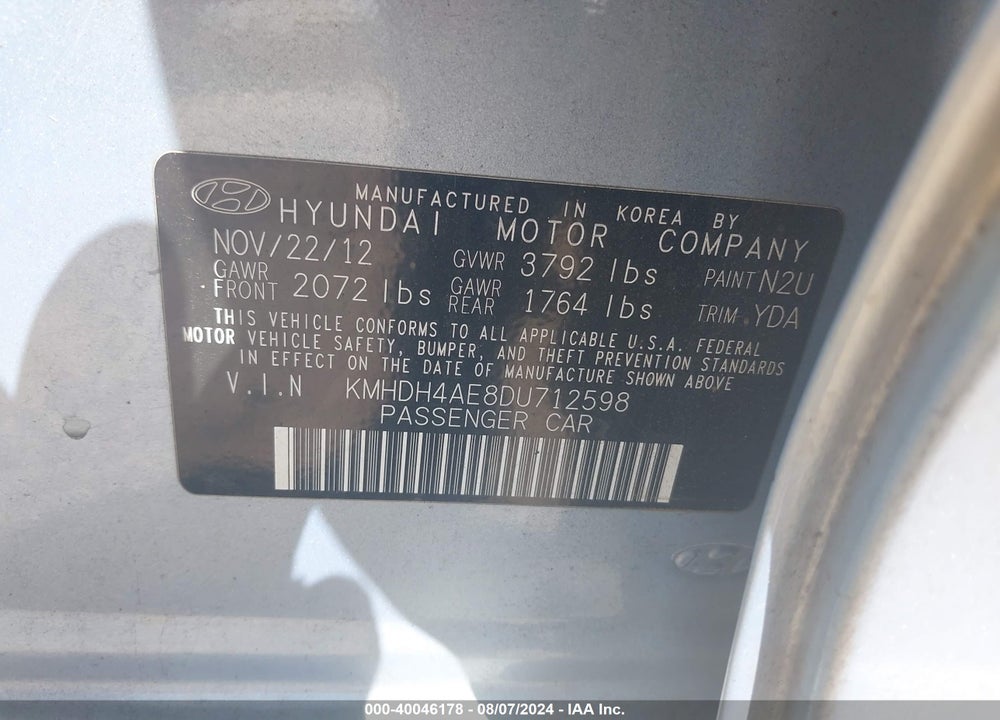 2013 HYUNDAI ELANTRA LIMITED VIN: KMHDH4AE8DU712598