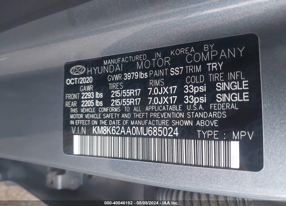 2021 HYUNDAI KONA SEL PLUS VIN: KM8K62AA0MU685024