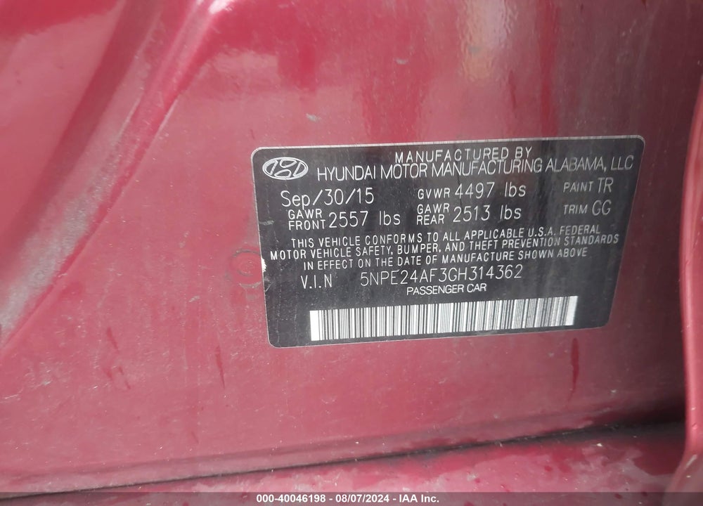 2016 HYUNDAI SONATA SE VIN: 5NPE24AF3GH314362