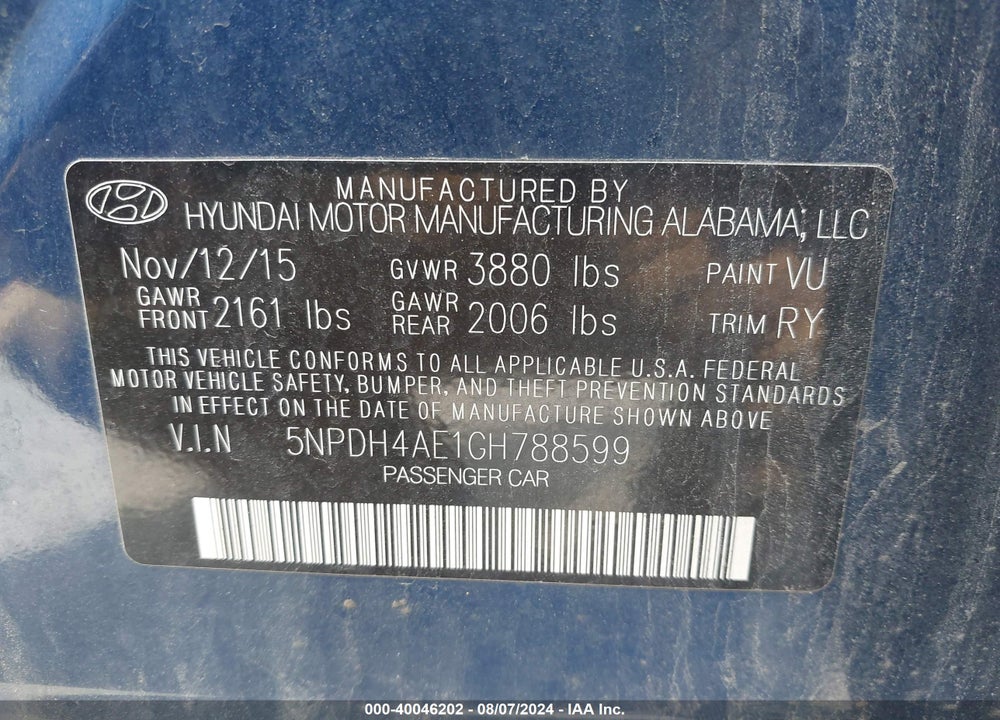 2016 HYUNDAI ELANTRA VALUE EDITION VIN: 5NPDH4AE1GH788599