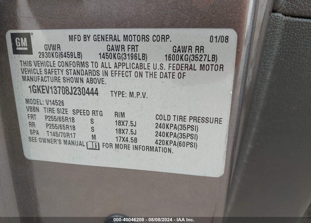 2008 GMC ACADIA SLE-1 VIN: 1GKEV13708J230444