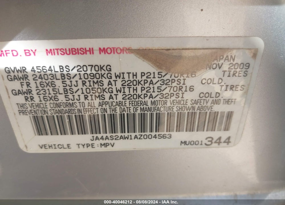 2010 MITSUBISHI OUTLANDER ES VIN: JA4AS2AW1AZ004563