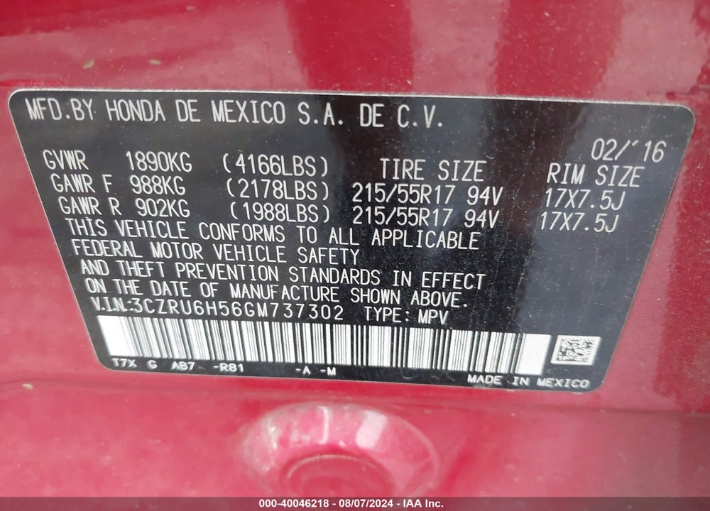 2016 HONDA HR-V EX VIN: 3CZRU6H56GM737302