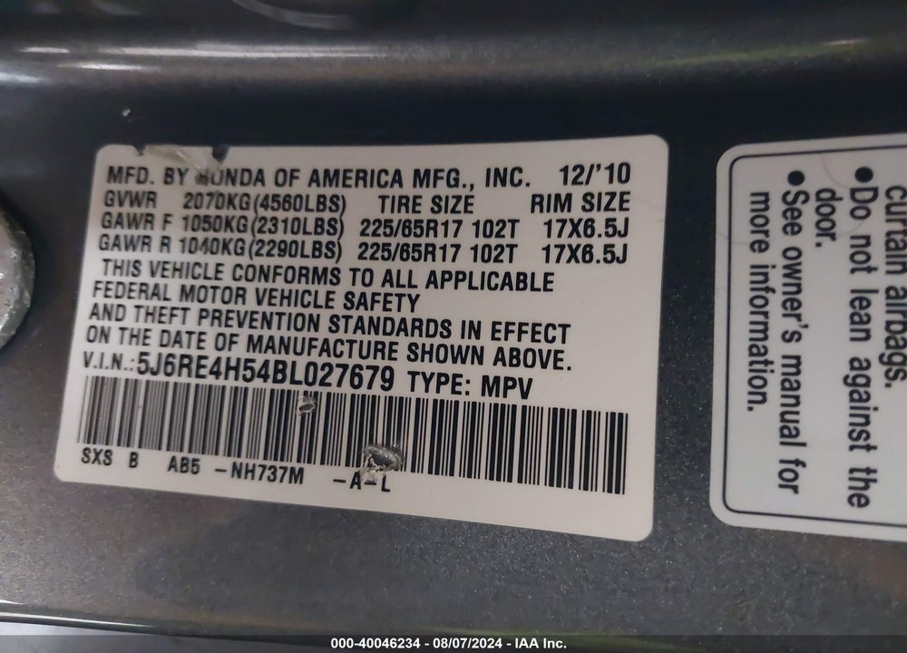 2011 HONDA CR-V EX VIN: 5J6RE4H54BL027679