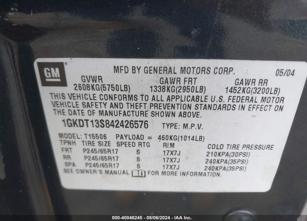 2004 GMC ENVOY VIN: 1GKDT13S842426576