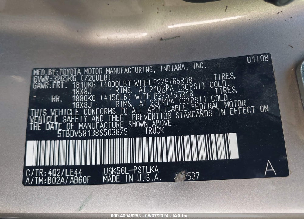 2008 TOYOTA TUNDRA LIMITED 5.7L V8 VIN: 5TBDV58138S503875