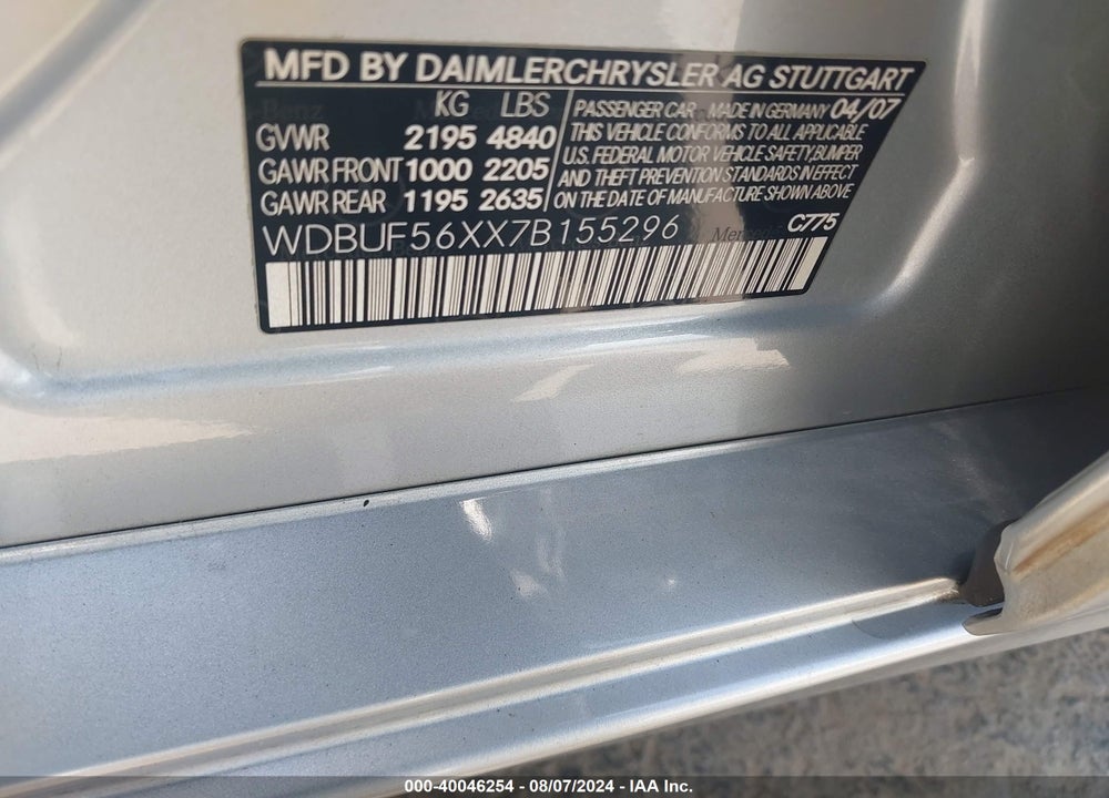 2007 MERCEDES-BENZ E 350 VIN: WDBUF56XX7B155296