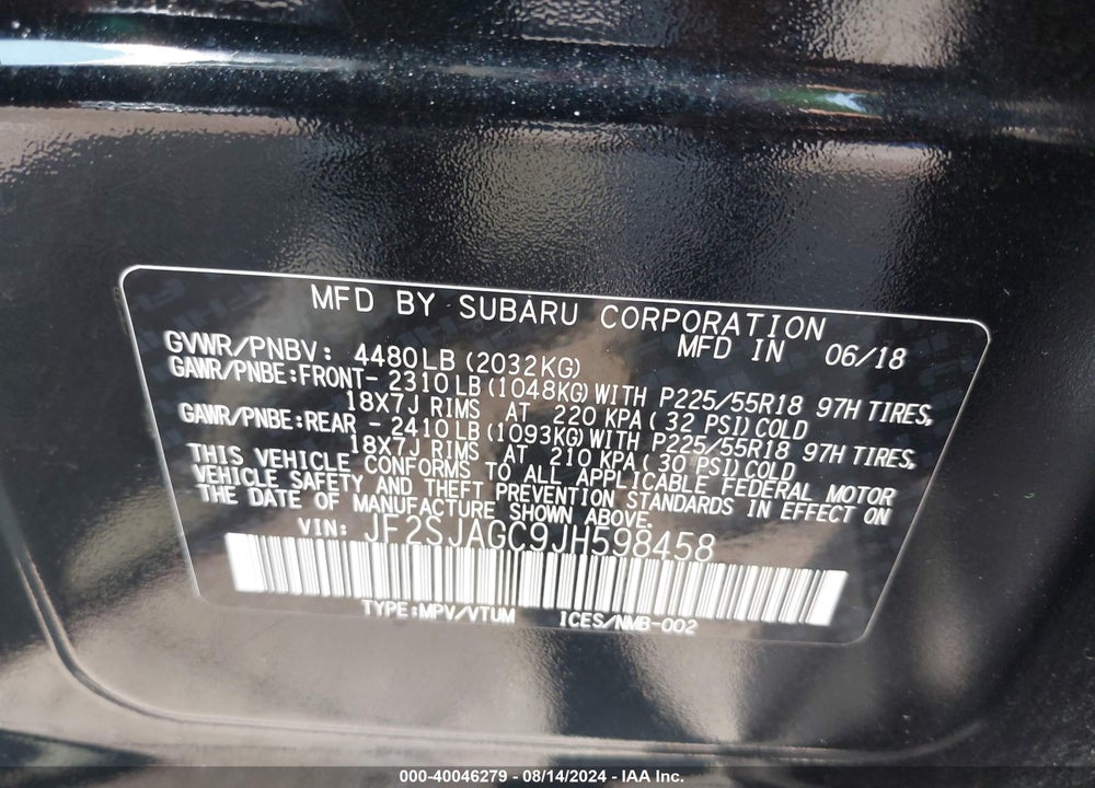 2018 SUBARU FORESTER 2.5I PREMIUM VIN: JF2SJAGC9JH598458