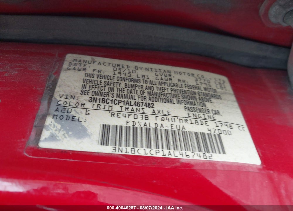 2010 NISSAN VERSA 1.8S VIN: 3N1BC1CP1AL467482