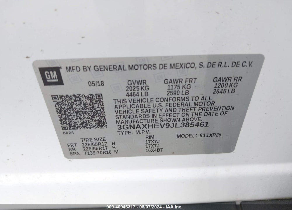 2018 CHEVROLET EQUINOX LS VIN: 3GNAXHEV9JL385461