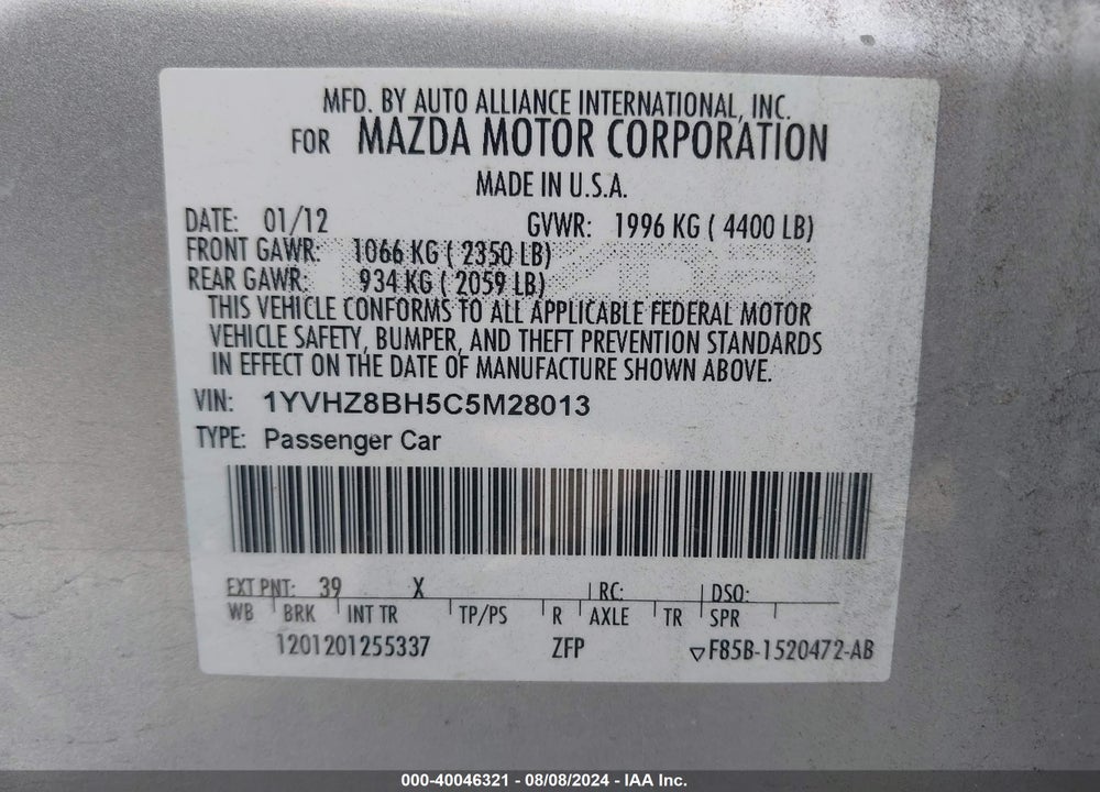 2012 MAZDA MAZDA6 VIN: 1YVHZ8BH5C5M28013
