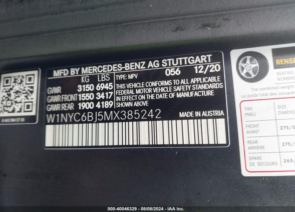 2021 MERCEDES-BENZ G 550 SUV VIN: W1NYC6BJ5MX385242