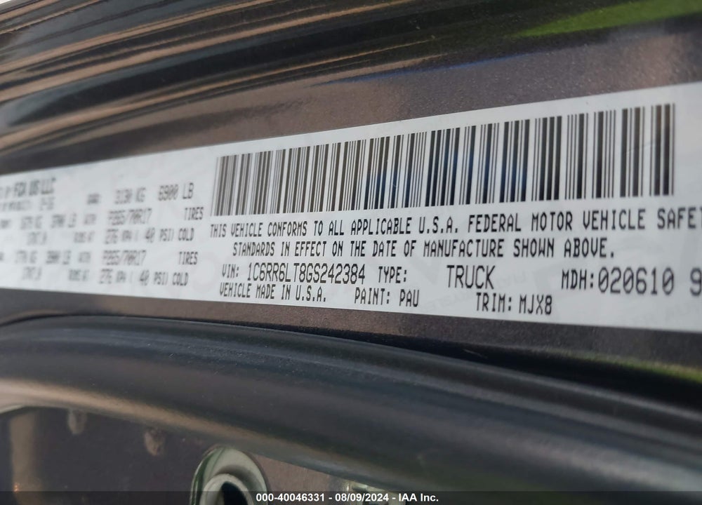 2016 RAM 1500 BIG HORN VIN: 1C6RR6LT8GS242384
