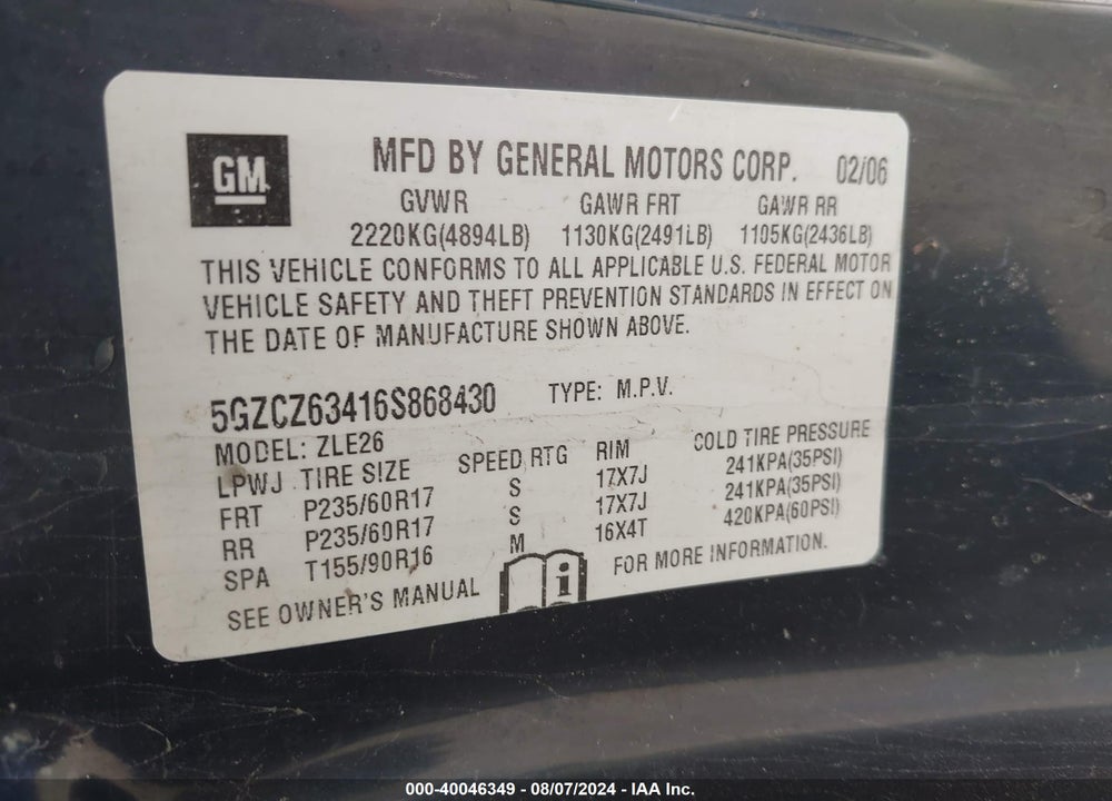 2006 SATURN VUE V6 VIN: 5GZCZ63416S868430