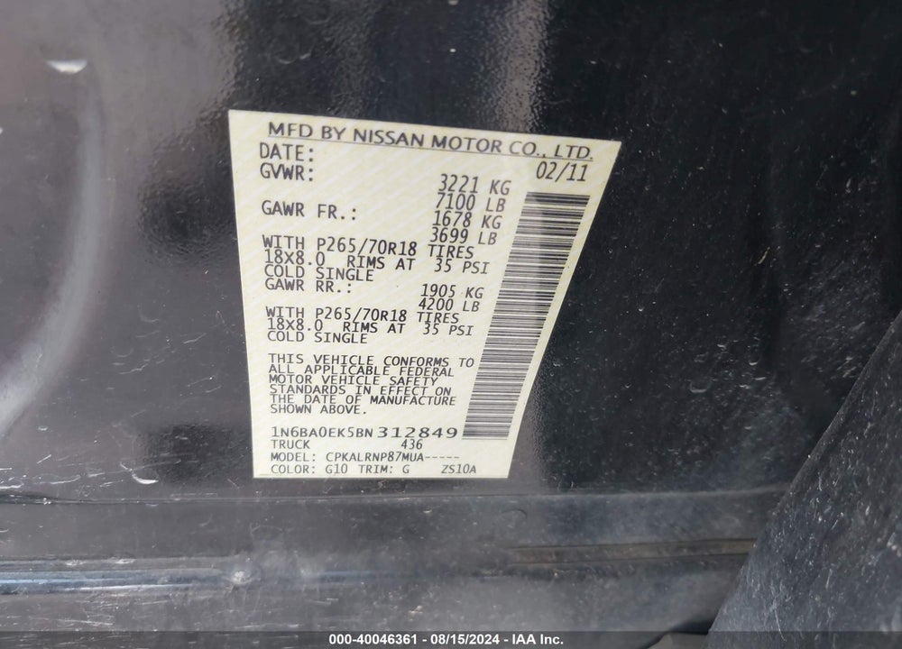 2011 NISSAN TITAN S VIN: 1N6BA0EK5BN312849