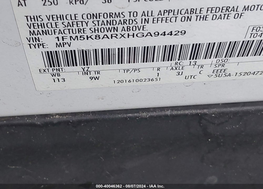 2017 FORD UTILITY POLICE INTERCEPTOR VIN: 1FM5K8ARXHGA94429