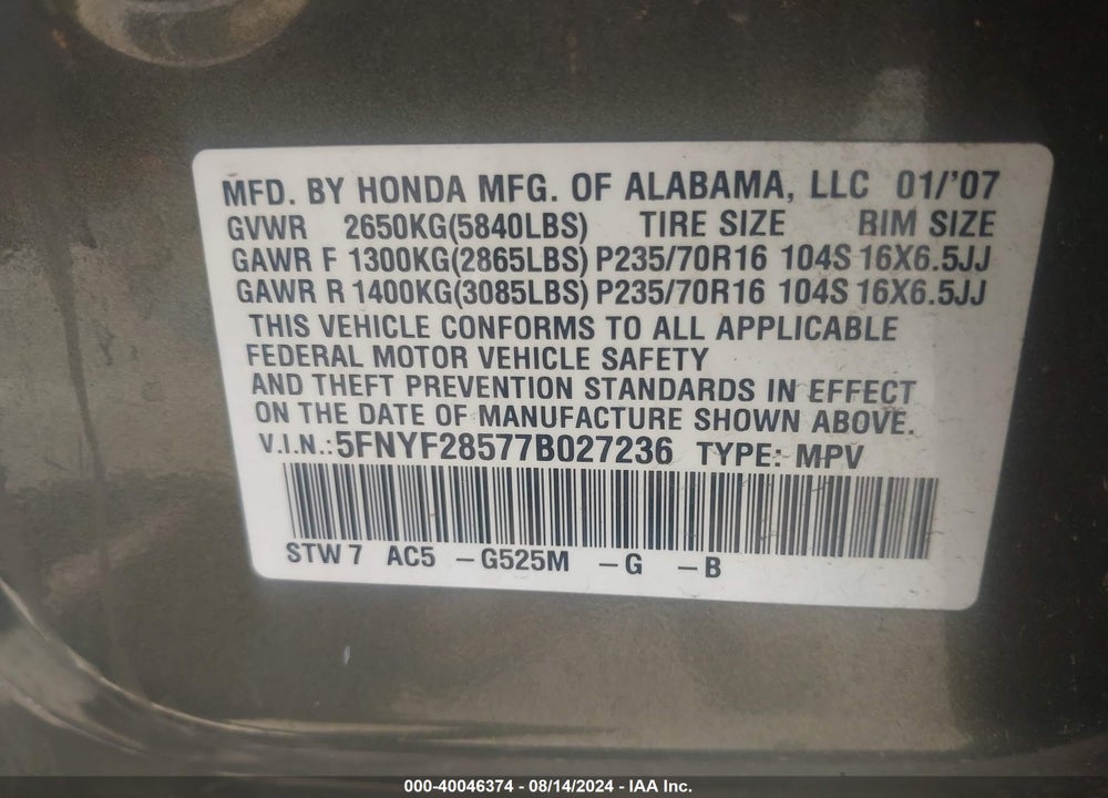 2007 HONDA PILOT EX-L VIN: 5FNYF28577B027236