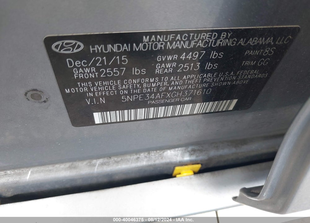 2016 HYUNDAI SONATA SPORT VIN: 5NPE34AFXGH371610