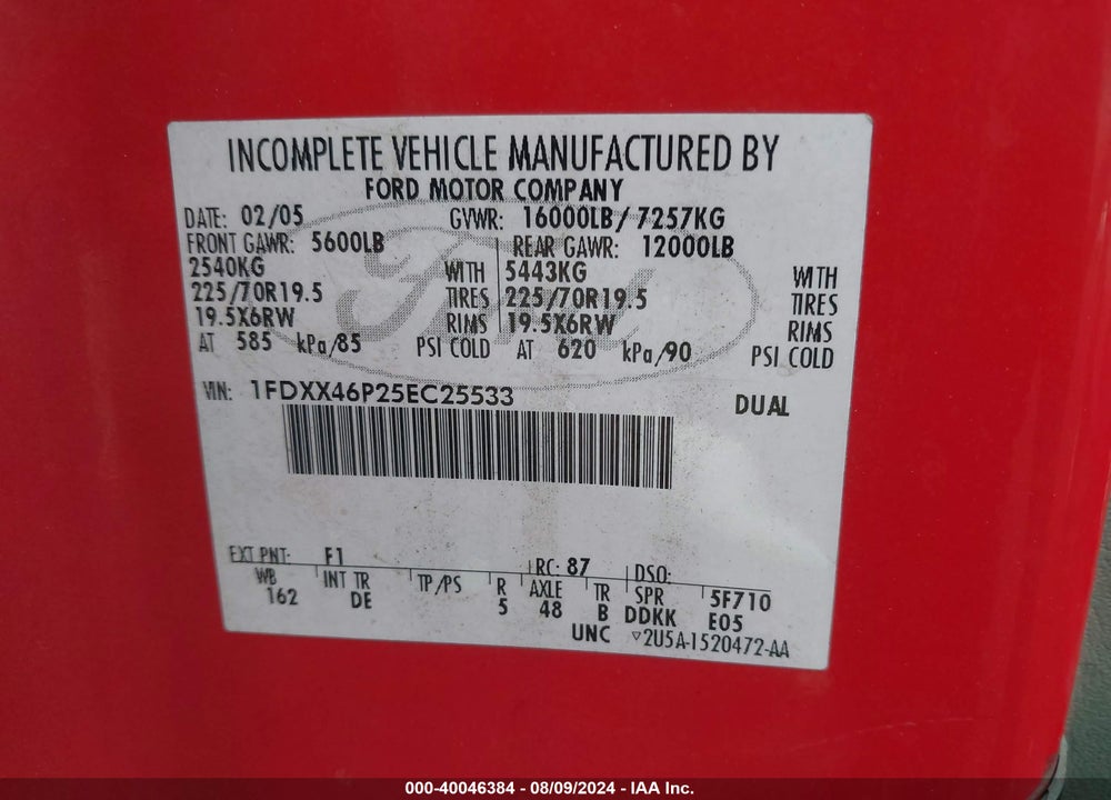 2005 FORD F-450 LARIAT/XL/XLT VIN: 1FDXX46P25EC25533